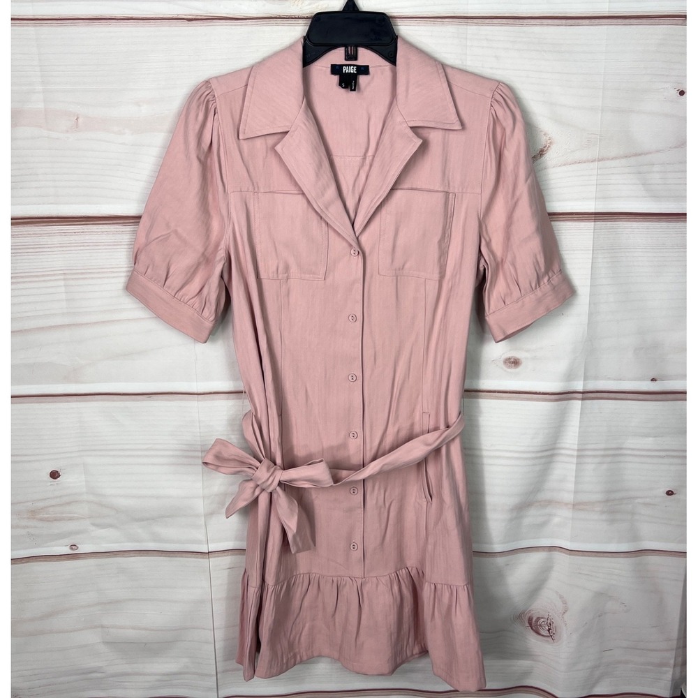 Paige Dress Womens S Pink Mayslie Mini Shirt Short Sleeve Collar Buttons Belted